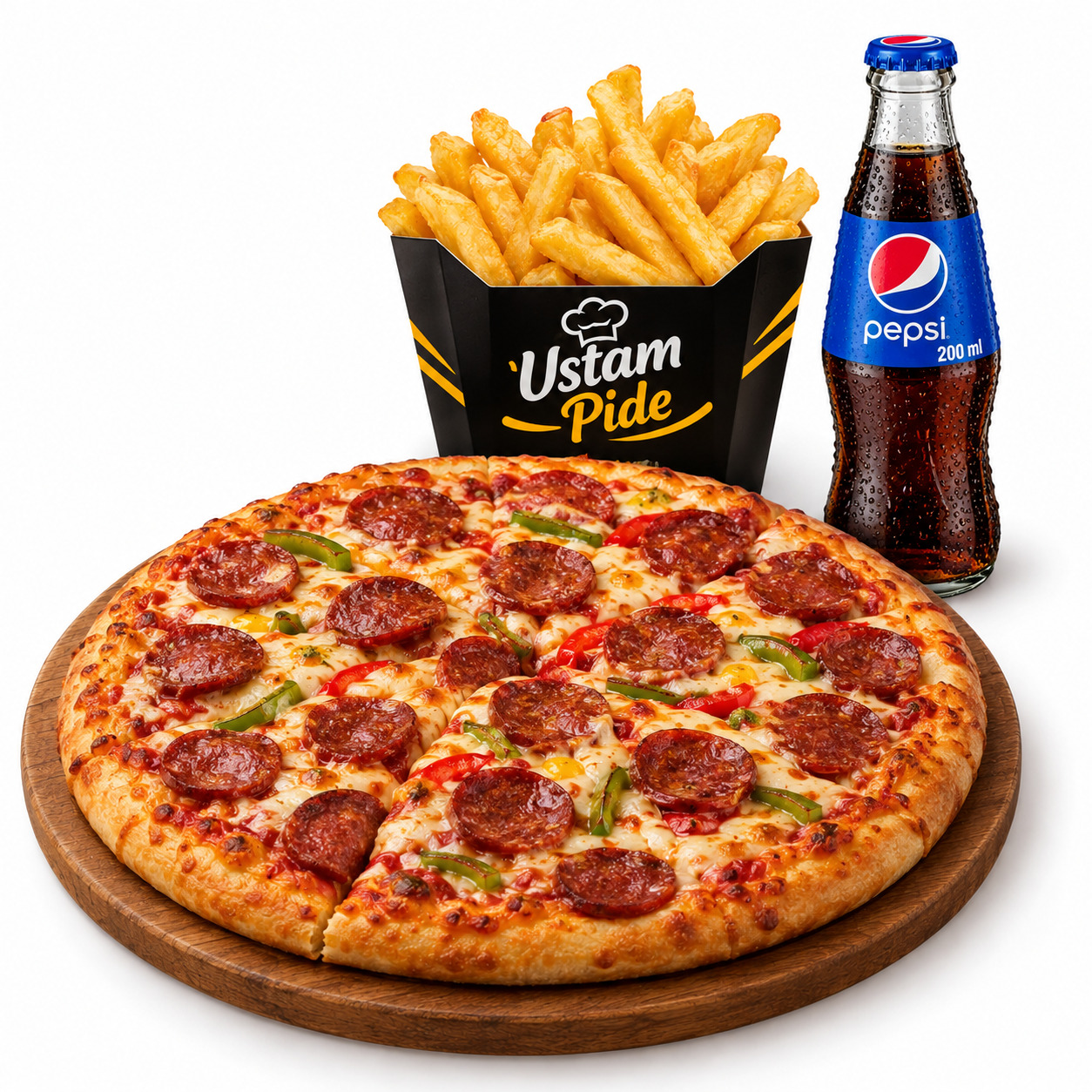 🍕🍟🥤Sucuklu Pizza + Çıtır Patates + Pepsi 200 ml
