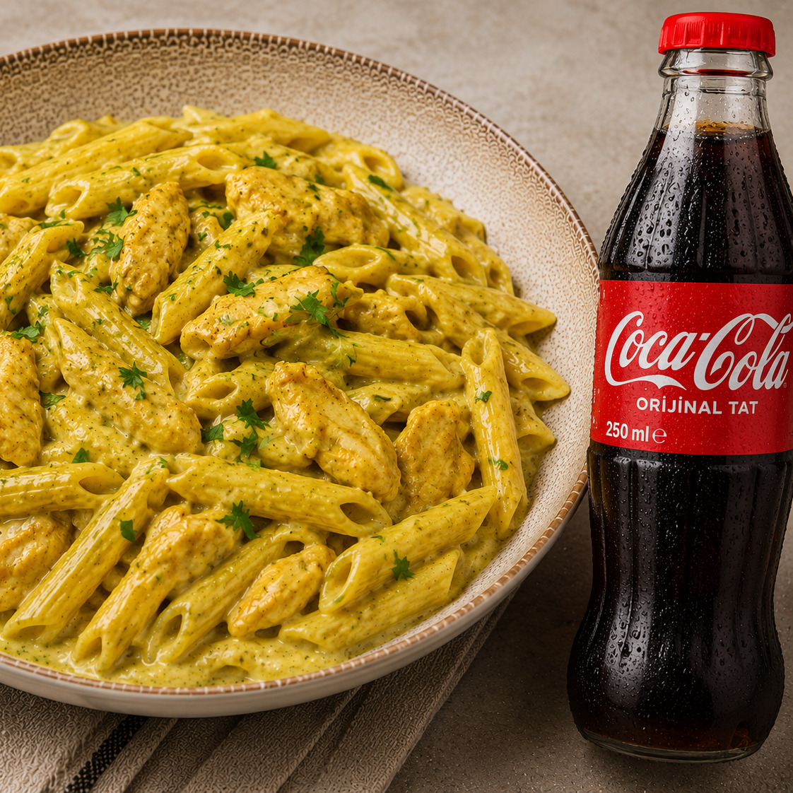 Tavuk Köri Soslu Kremalı Penne Makarna + ( Coca Cola 250 Ml)
