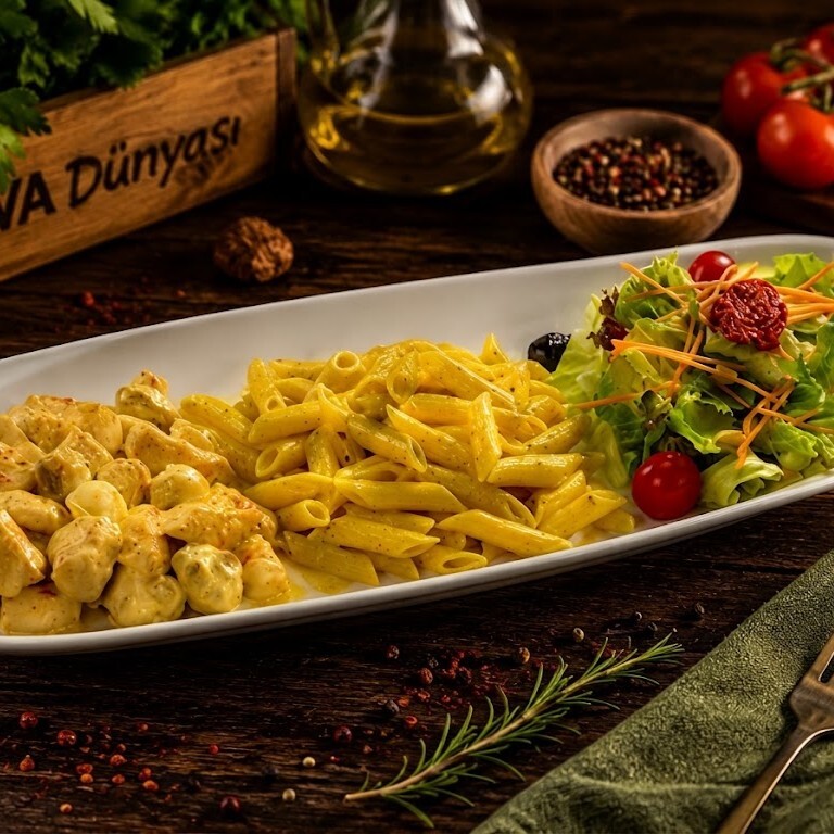 Köri Soslu Tavuk + Kremalı Penne + Akdeniz Salata