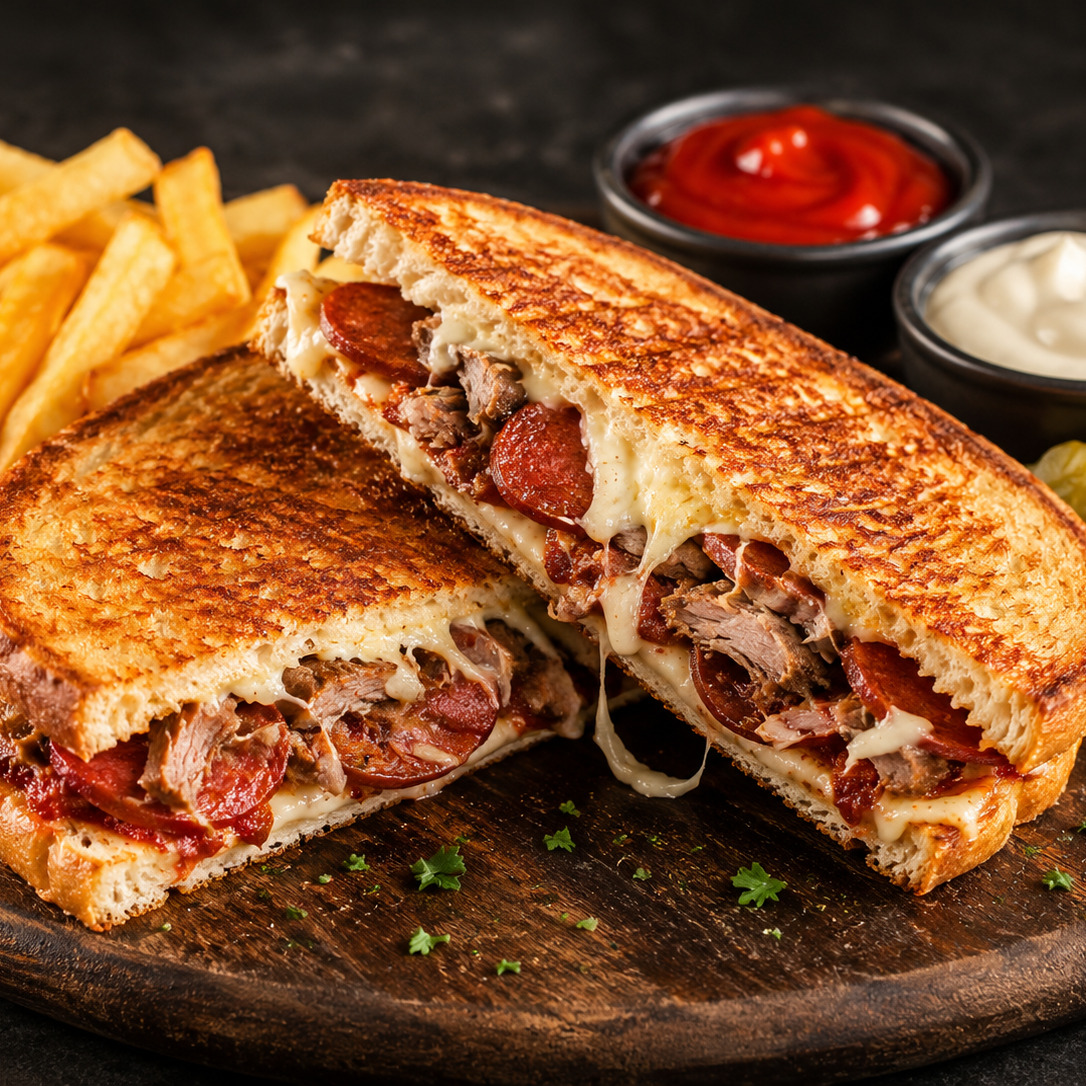 Yarım Ekmek Arası Kavurmalı Sucuklu Kaşarlı Tost
