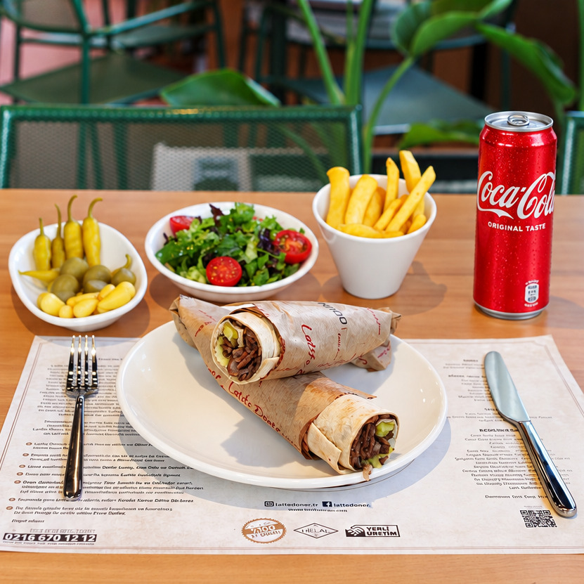Et Döner Dürüm Menü + Coca Cola & Patates kızartması & Salata & Turşu
