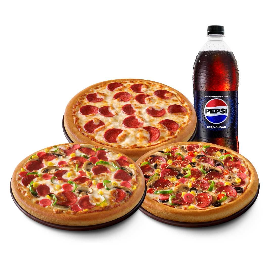 3 Büyük Boy Pizza + 2 İçecek (1 L.)