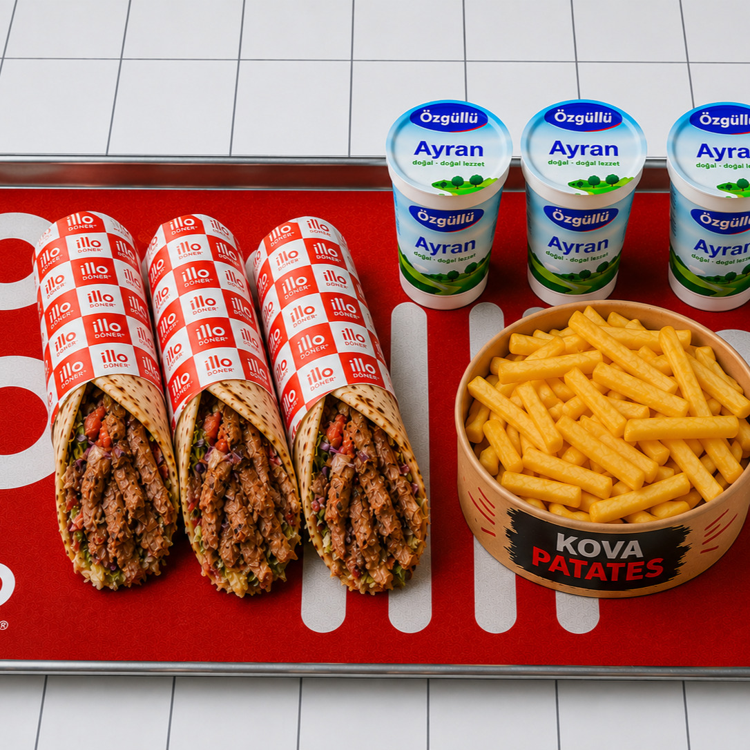 3 Tavuk Dürüm & 1 Kova Patates Kızartması & 3 Ayran