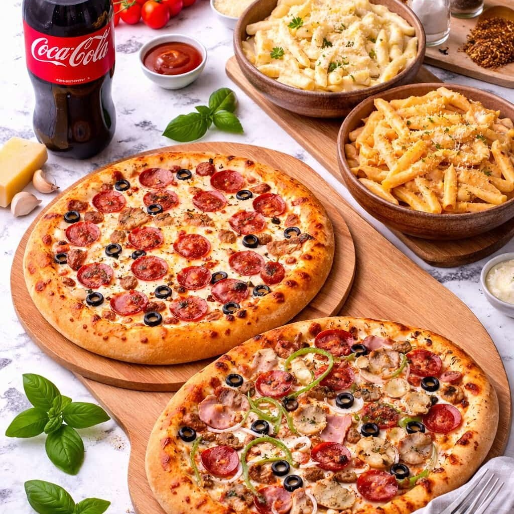 Combo Menü 2 Orta Boy Pizza, 2 Tavuklu Makarna, (Kola 1 lt)