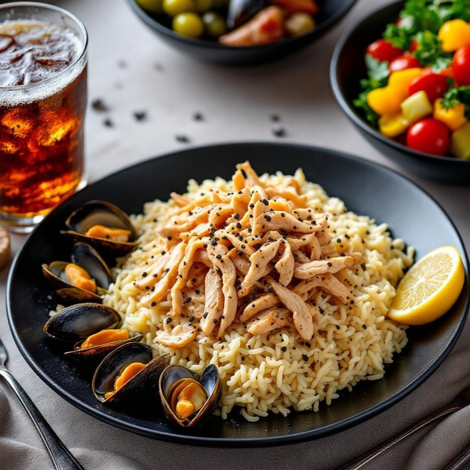 1 Tavuklu Pilav + 5 Midye + Kola + Salata + Turşu Biberi
