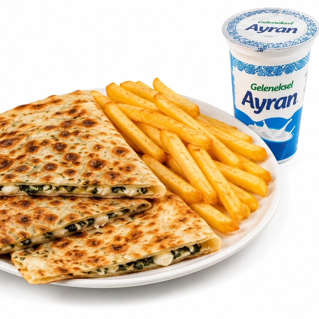 Gözleme (Kaşarlı veya Sucuklu) + Patates Kızartması + Ayran