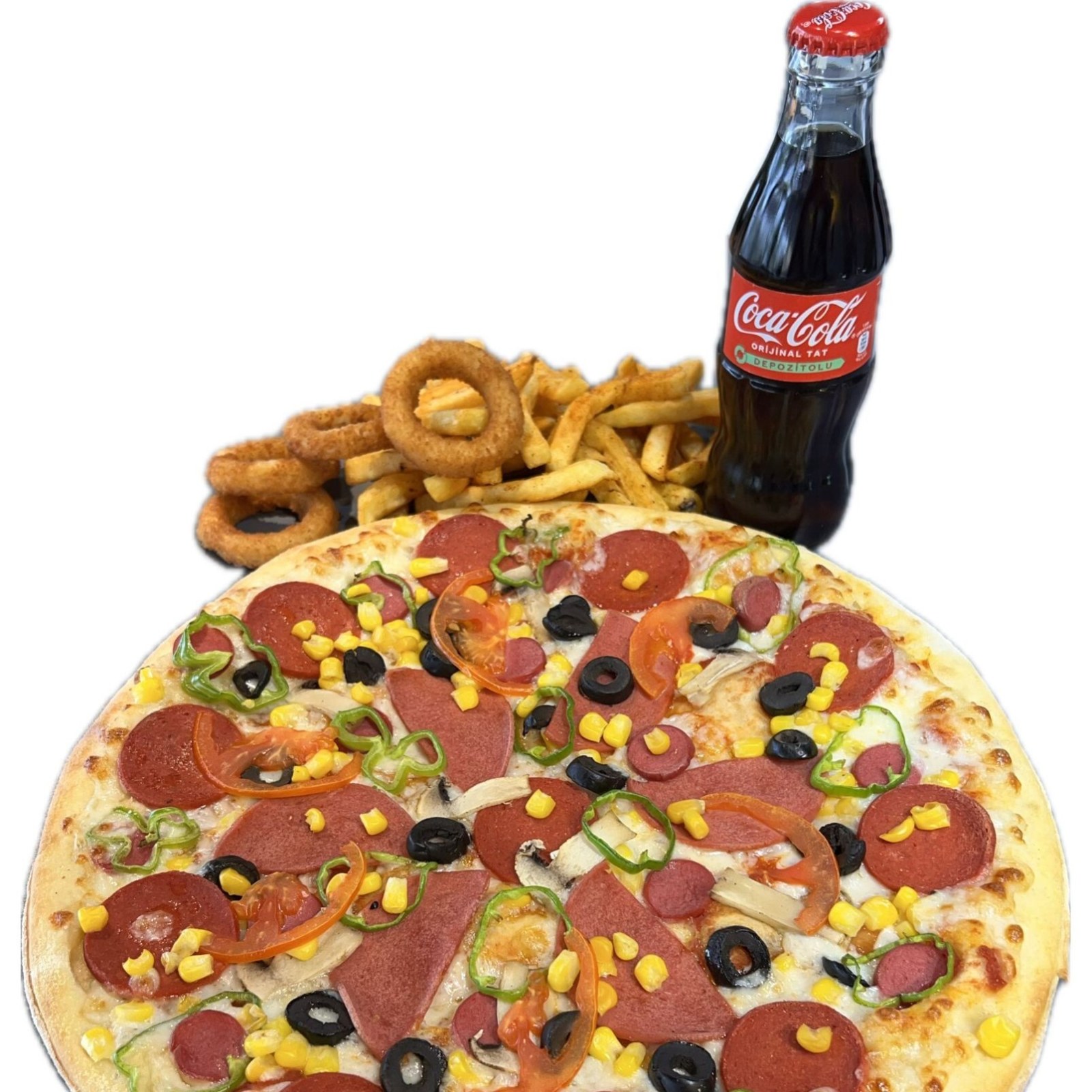 Menü 5 Büyük Boy Pizza + Patates Kızartması + Şişe Kola
