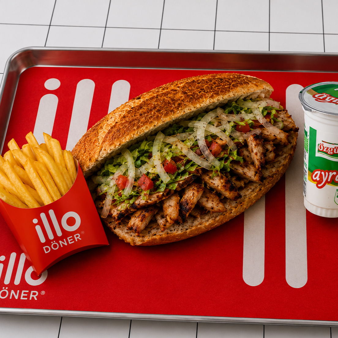 Mega Üç Çeyrek Ekmek Arası Tavuk Döner & Patates Kızartması & Ayran