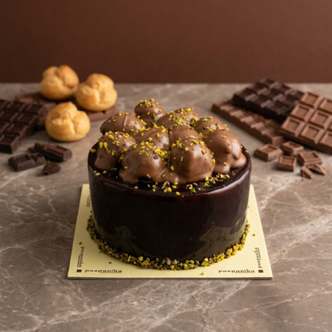 Profiterollü Fıstıklı Akışkan Çikolatalı Pasta