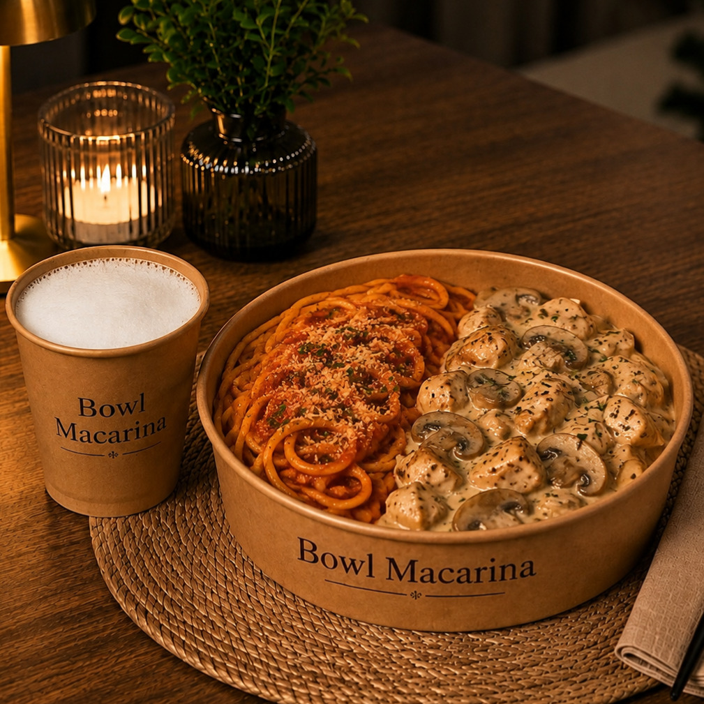 XXL Bowl Soslu Spagetti & Kremalı Mantarlı Tavuk + Ayran