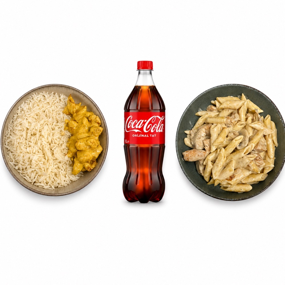 Tavuklu Krema Mantar Penne + Köri Soslu Basmati + 1 Litre Kola