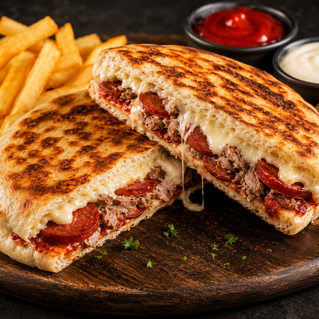 Kavurmalı Sucuklu Kaşarlı Bazlama Tost
