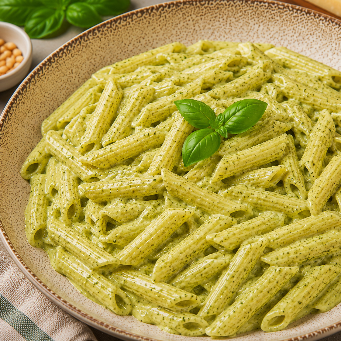 Pesto Soslu Kremalı Penne Makarna