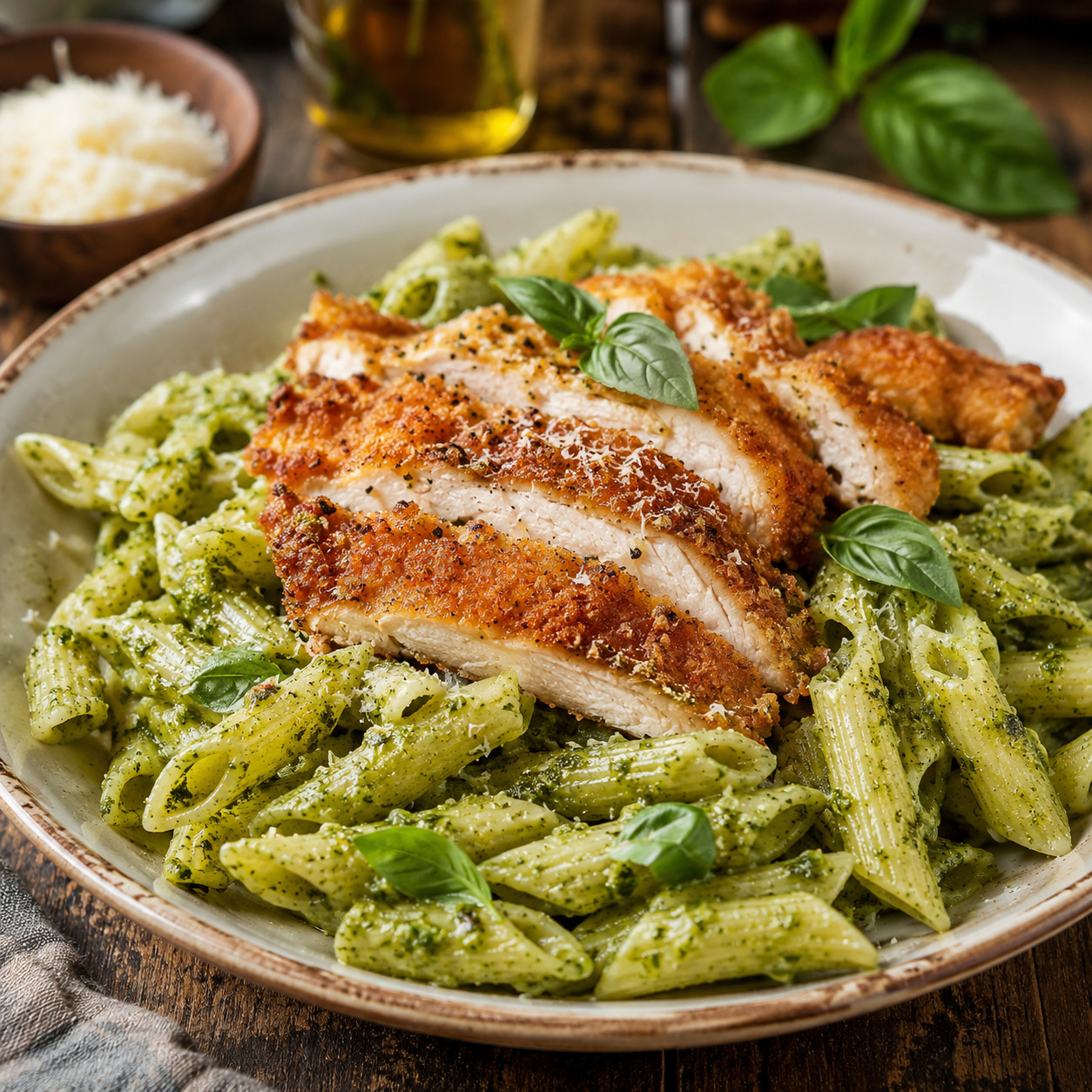 Pesto Soslu Çıtır Tavuklu Penne