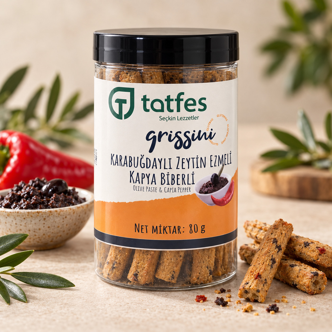 Tatfes Karabuğdaylı Zeytin Ezmeli Kapya Biberli Grissini - 80 gr