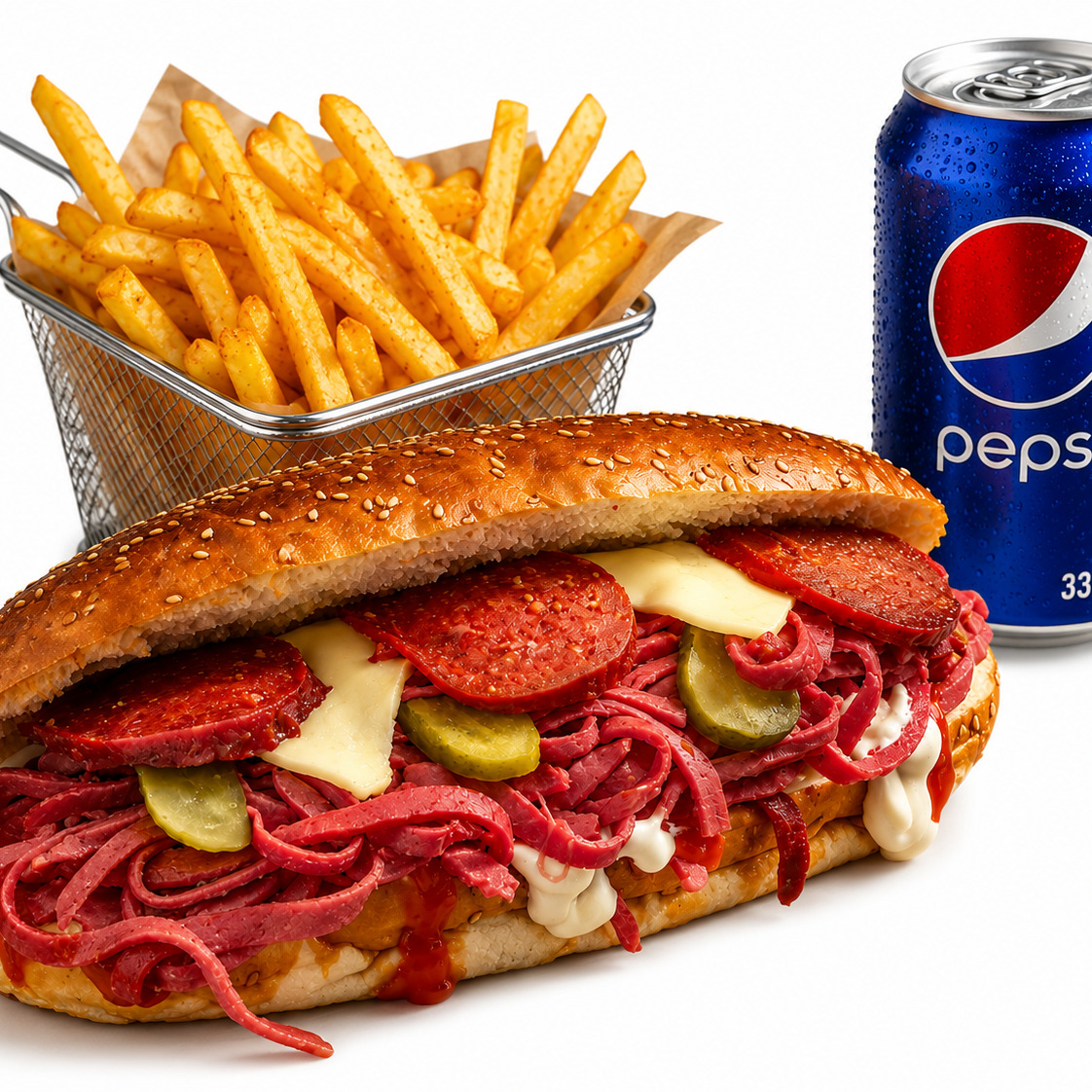 🥪🍟🥤 İzmir Kumrusu + Patates Kızartması + + Pepsi (330 ml)
