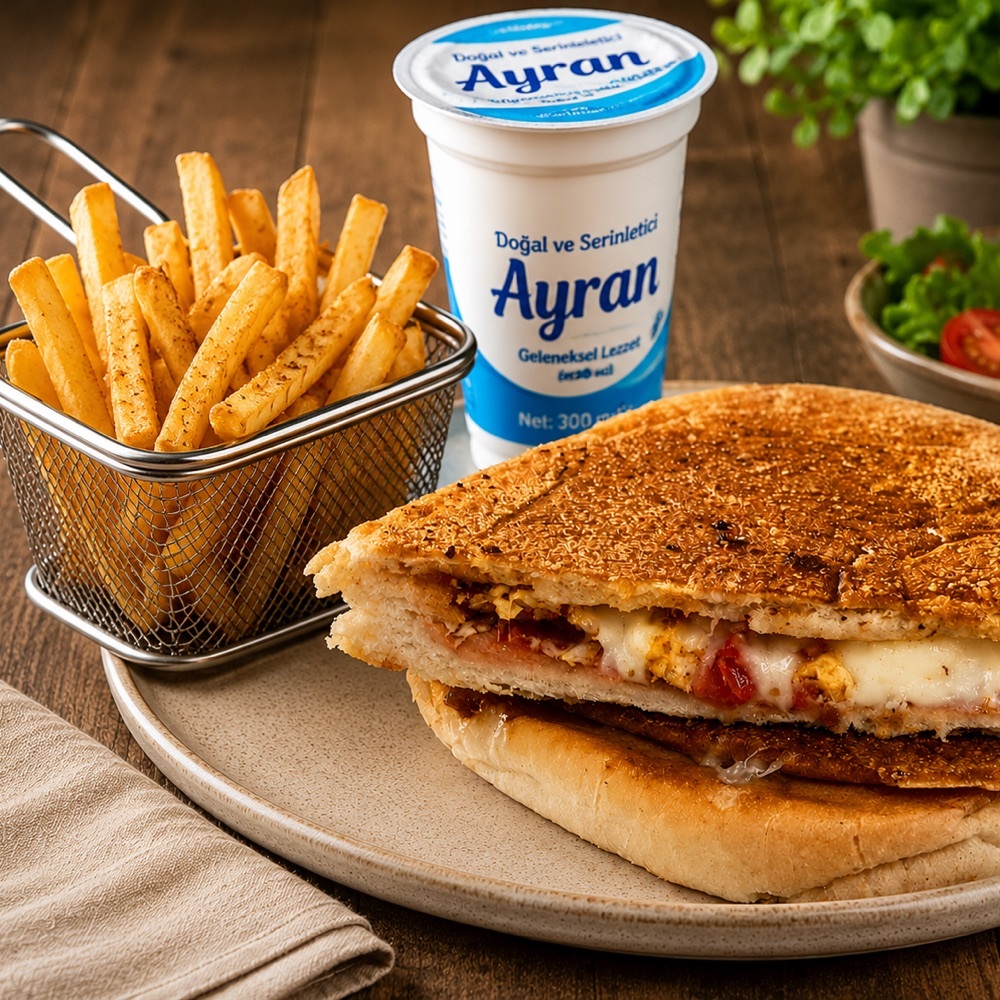 Ayvalık Ekmeğine (Beyaz Peynirli Domatesli) + Patates, ayran