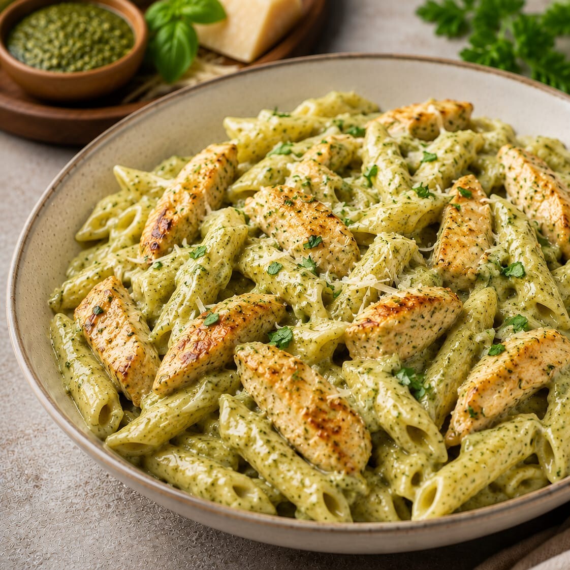 Tavuk Kremalı Pesto Soslu Penne Makarna
