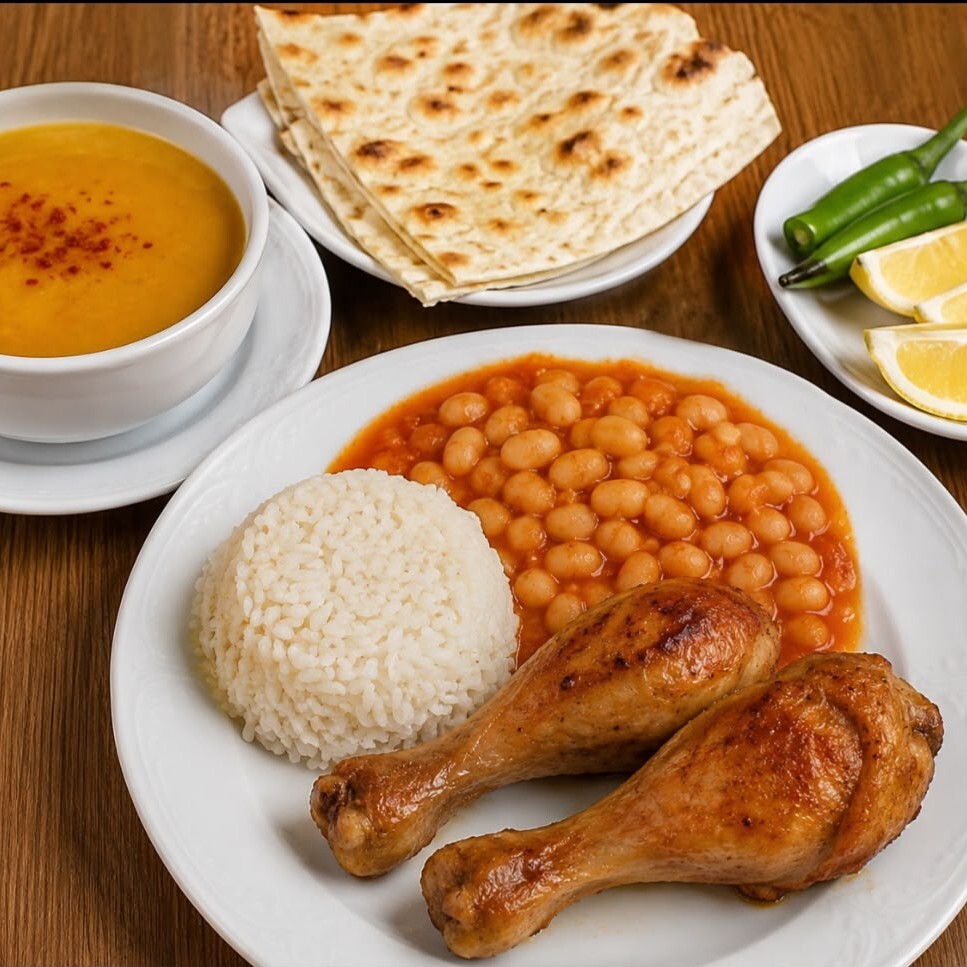 Tavuk Baget ıkılı, Pilav, Kuru Fasulye ve Mercimek Çorbası Menü