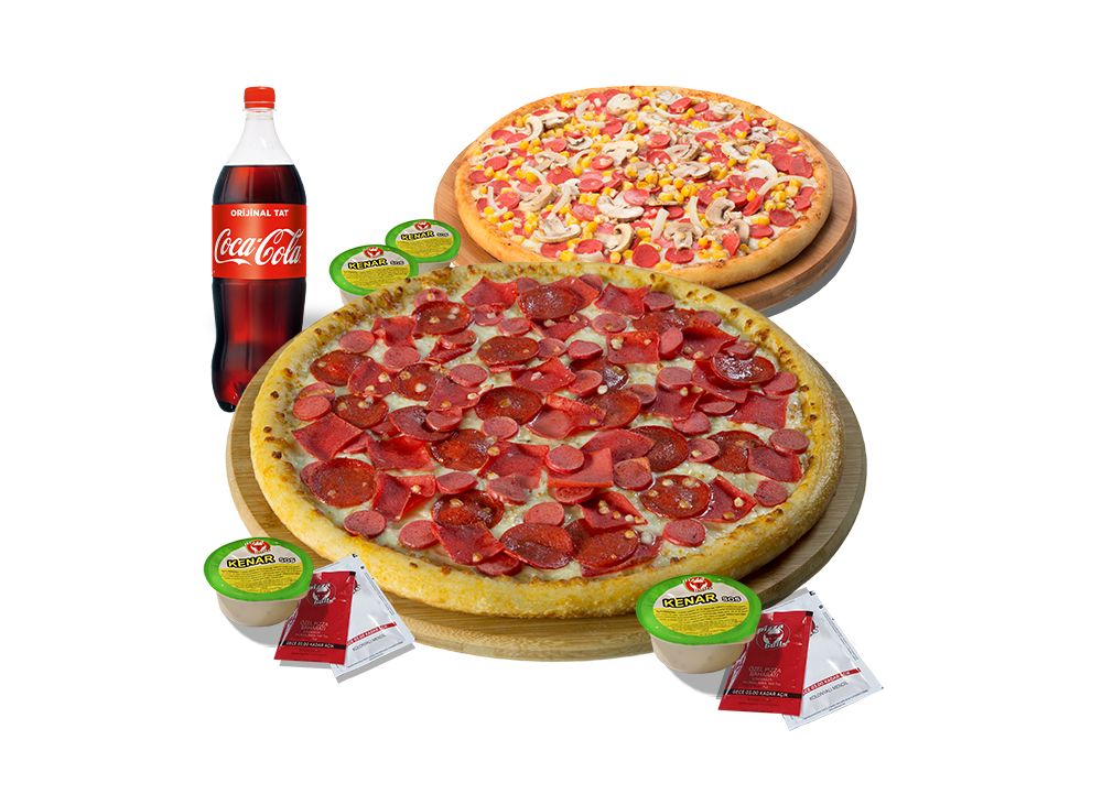 2 Adet Büyük Boy Pizza + 1L. İçecek + Sos (630 + 630)