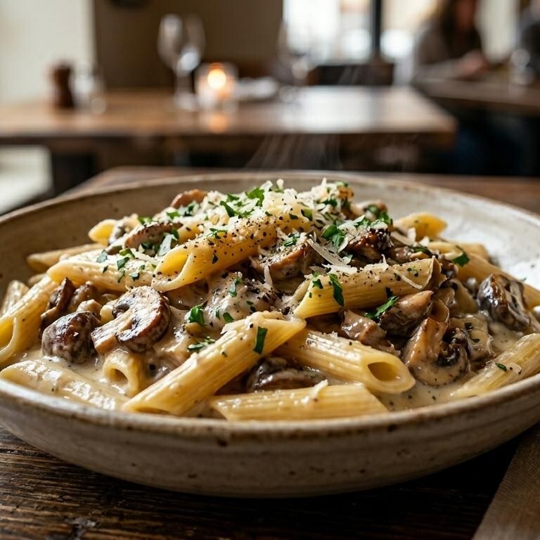 Zengin Trüf Yağlı ve Krema Mantar Soslu Penne