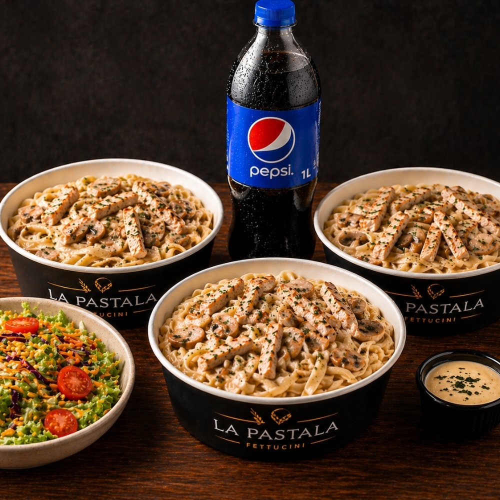 AİLE DOYURAN MENÜ ( 3 adet tavuk mantarlı fettucini +1lt içecek+ mevsim salata)