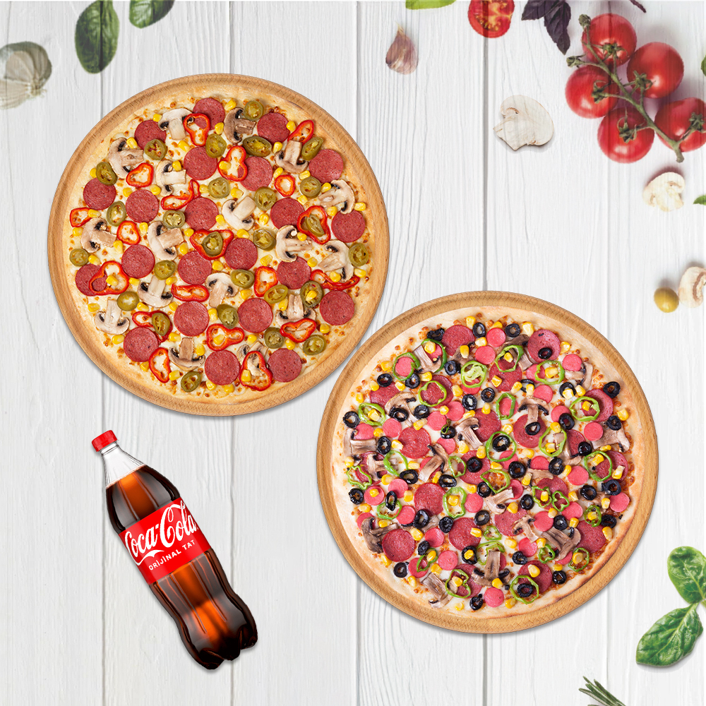 2 Orta boy Pizza + Coca-cola 1 lt