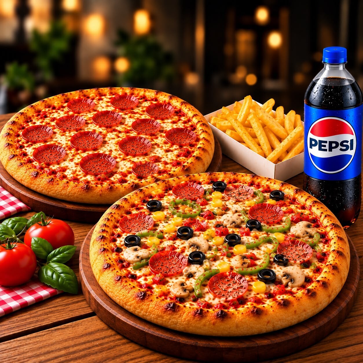 2 Orta Boy Pizza + Patates Kızartması + 1 Lt Pepsi