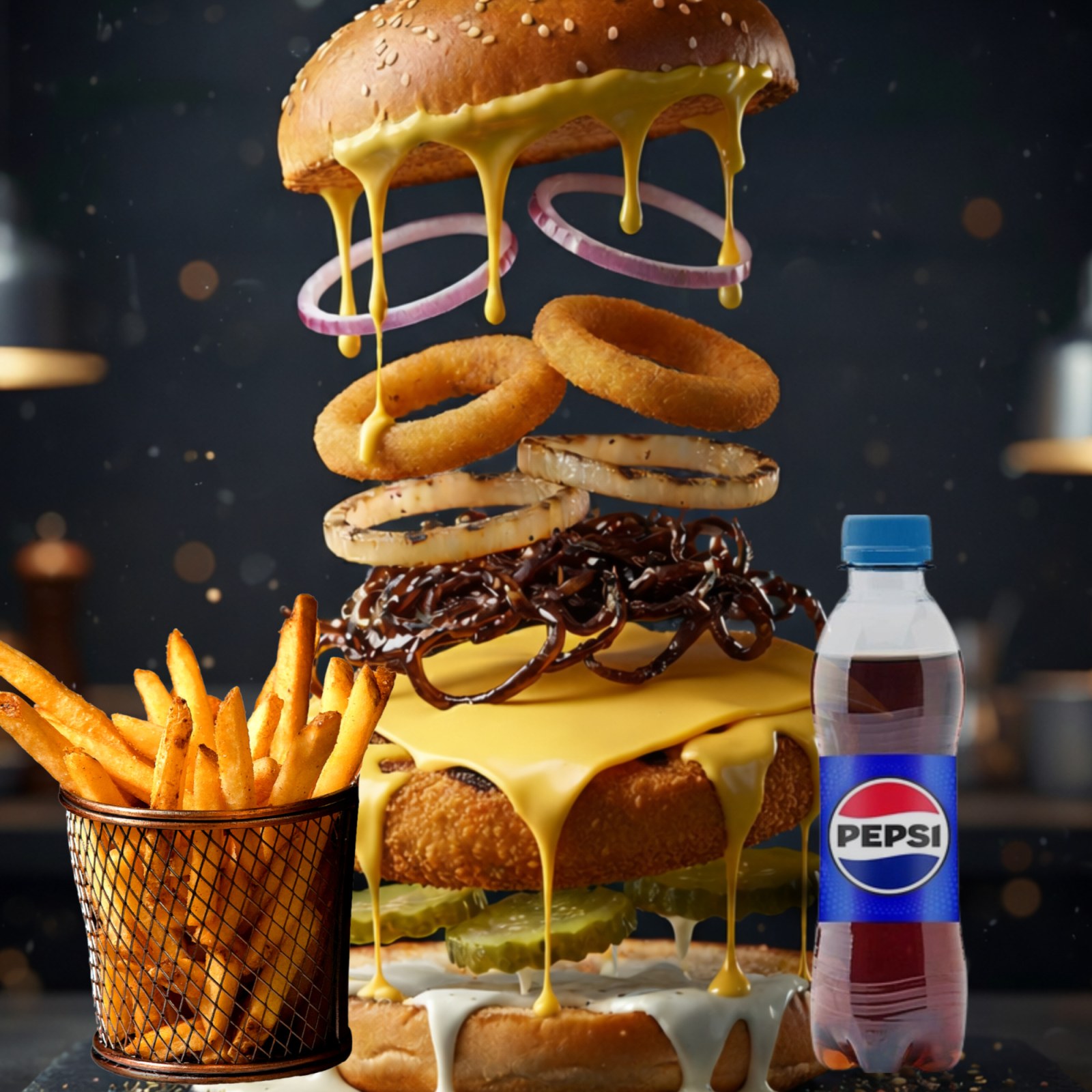 Onion Tavuk Burger, Patates Kızartması, İçecek (250 ml)