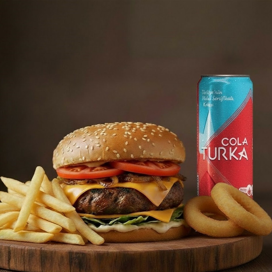 Cheeseburger + içecek + patates
