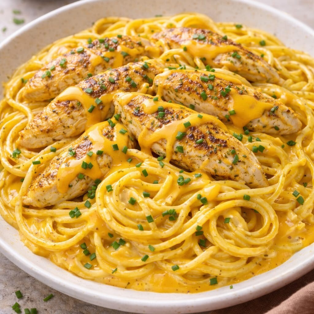 Tavuklu Cheddar Soslu Spagetti