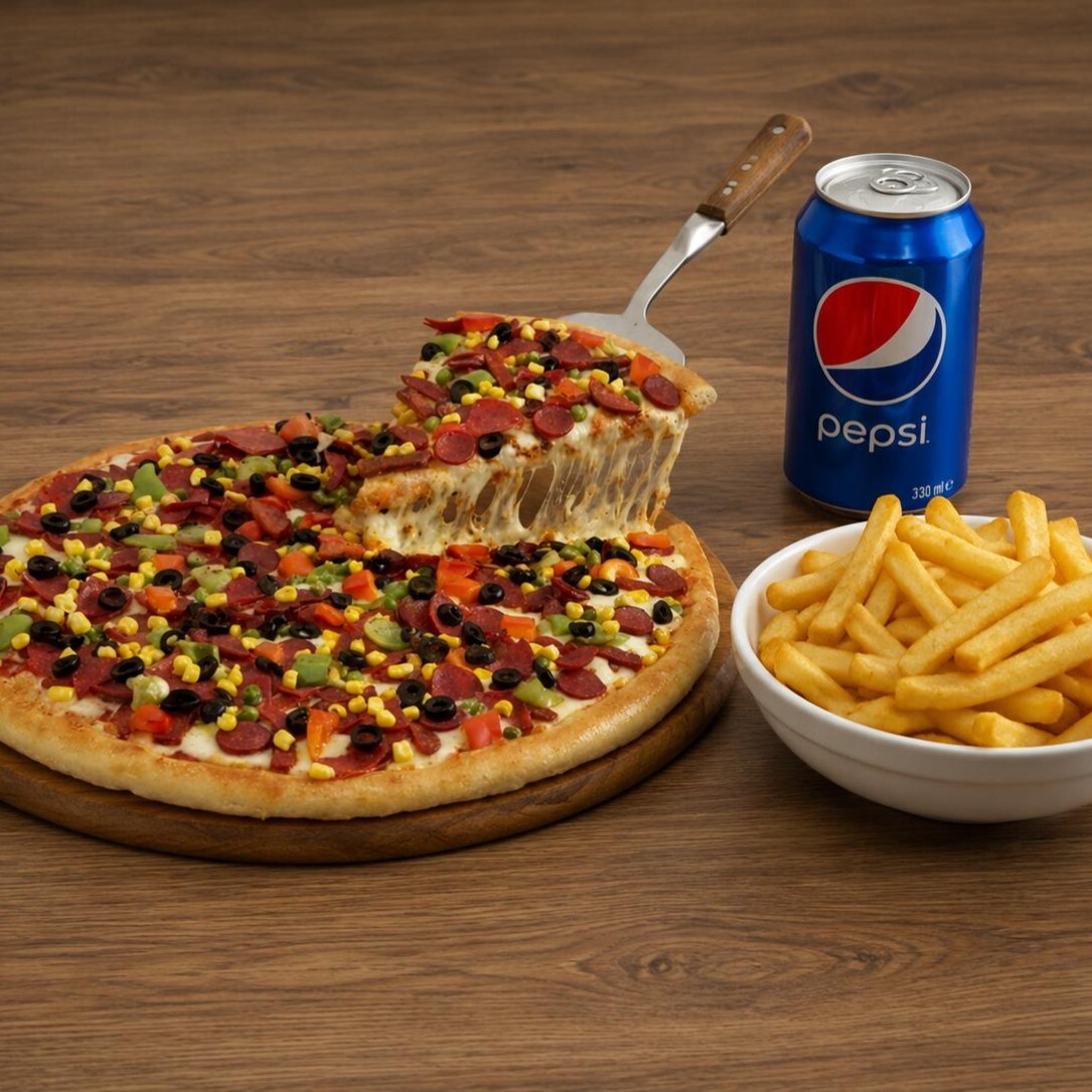 Menülü Orta Boy Karışık Pizza Kutu Kola ve Patates Kızartması