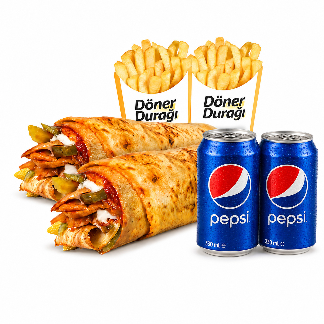 2 Adet Tavuk Döner Dürüm + 2 Adet Patates + 330ml 2 Adet Pepsi