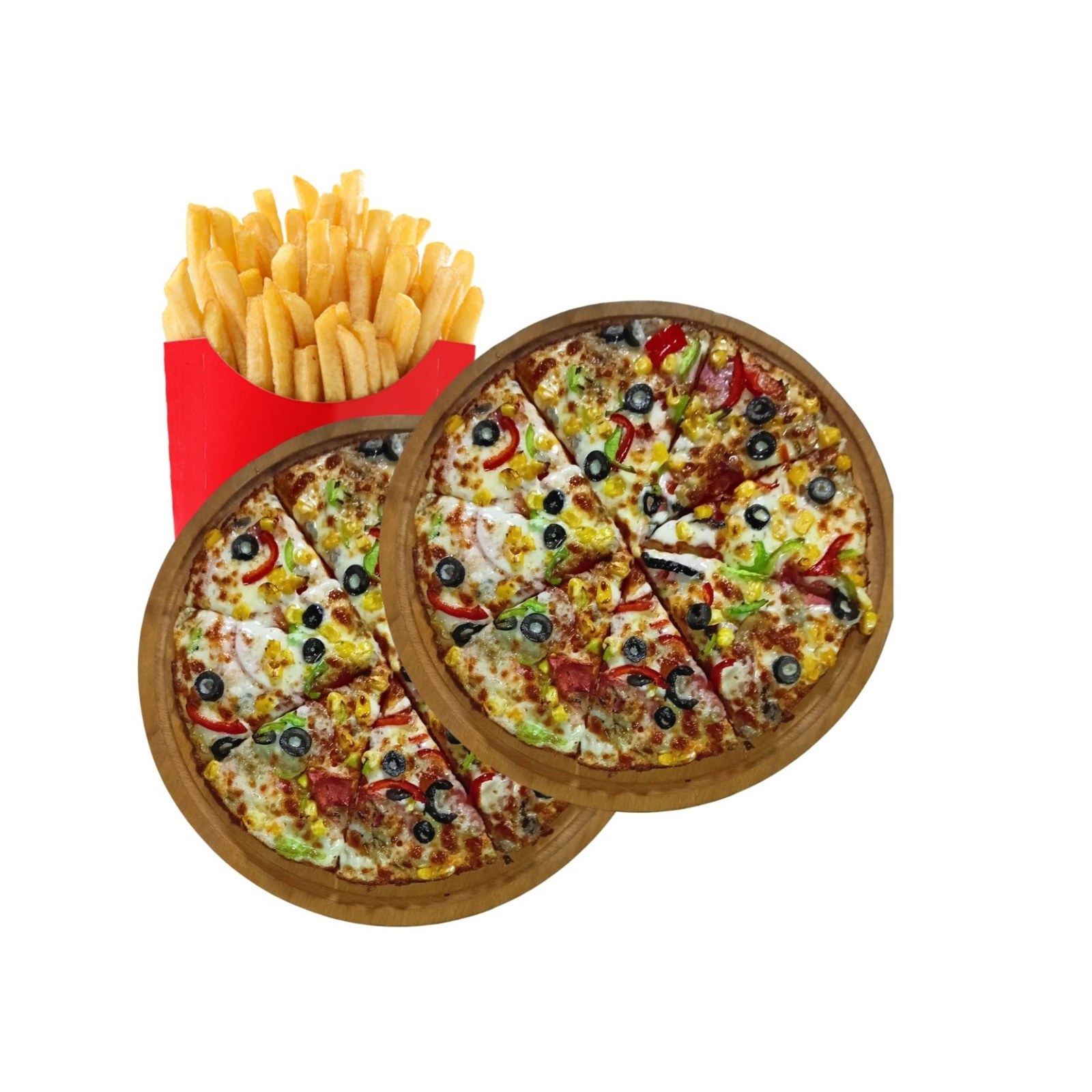 2 Orta Boy Pizza + Patates Cips Menü (Çeşit Seçmeli)