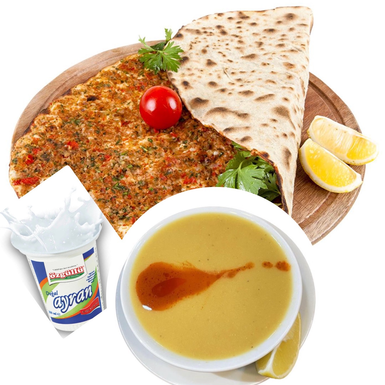 2 Lahmacun Çorba Ayran