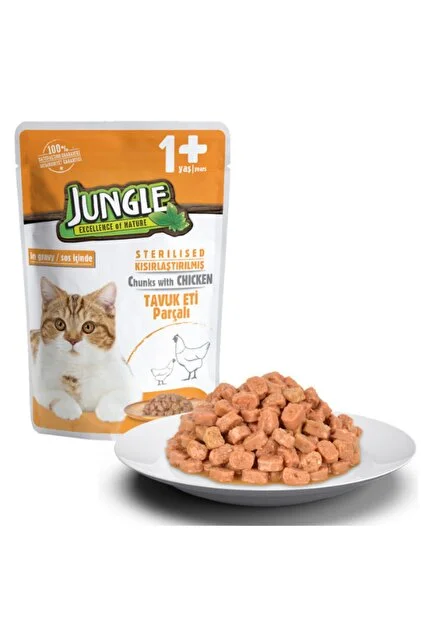 Jungle Kısırlaştırılmış Kedi Yaş Maması 100g - Sos İçinde Tavuk Eti Parçalı Pouche