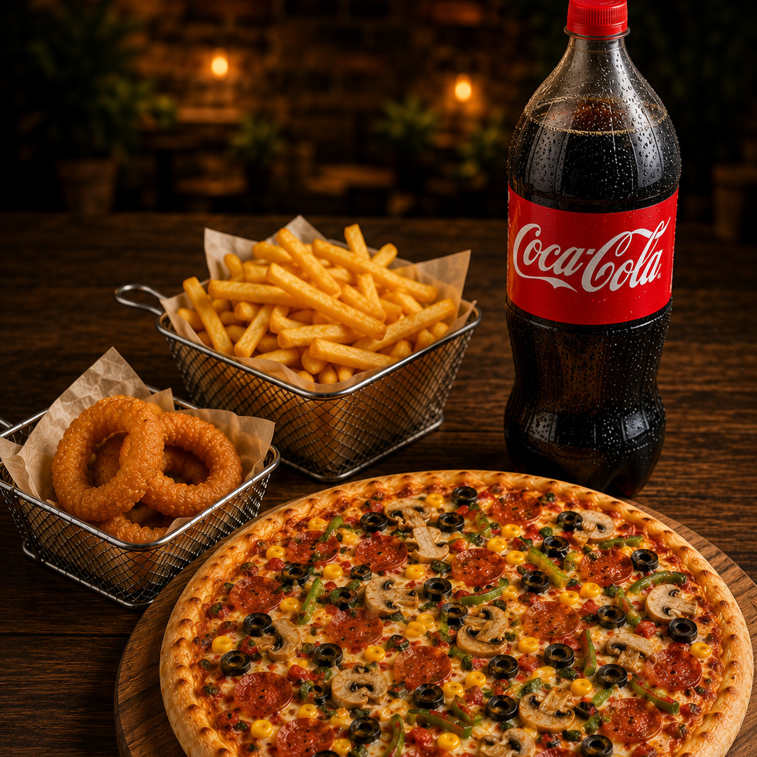 Karışık Pizza, Patates Cips, Soğan Halkası, 1 Lt Coca Cola