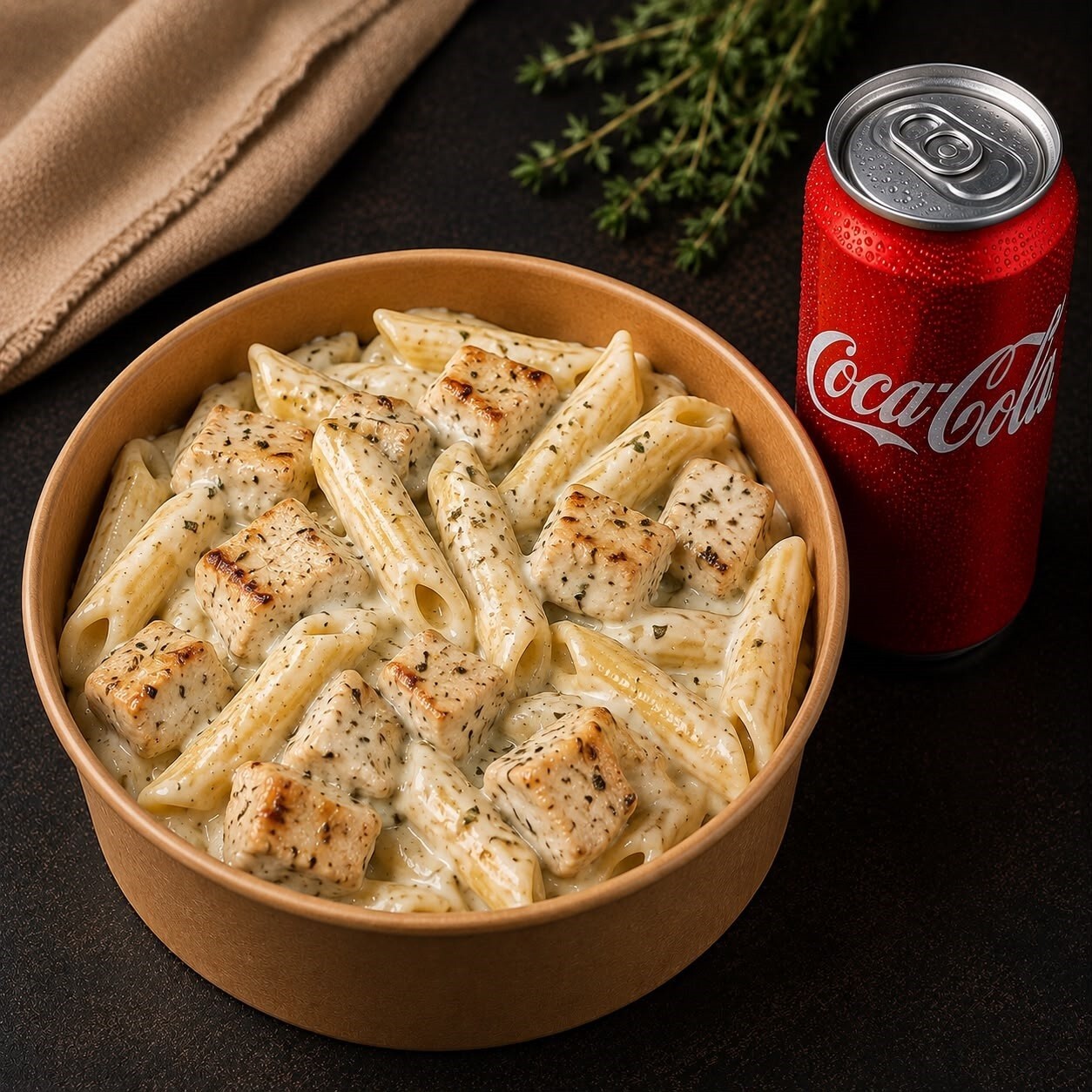 Kekikli Tavuklu Kremalı Penne + İçecek