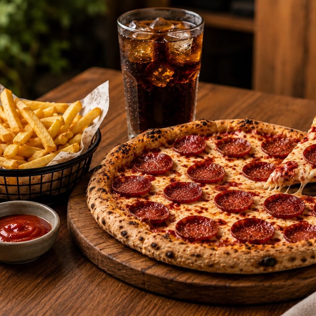 Büyük Boy Sucuklu Pizza + İçecek + Patates Kızartması
