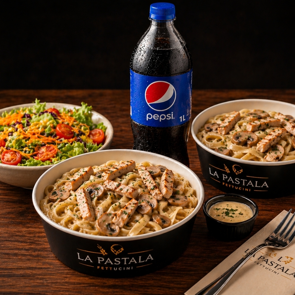 Bol Doyuran Menü (2 Tavuk Mantarlı Fettucini + (1 lt) İçecek + Mevsim Salata)