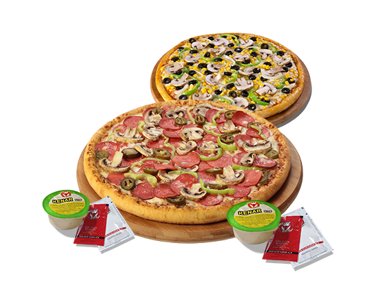2 Adet Küçük Boy Pizza + 1L. İçecek + Sos (345 + 345)