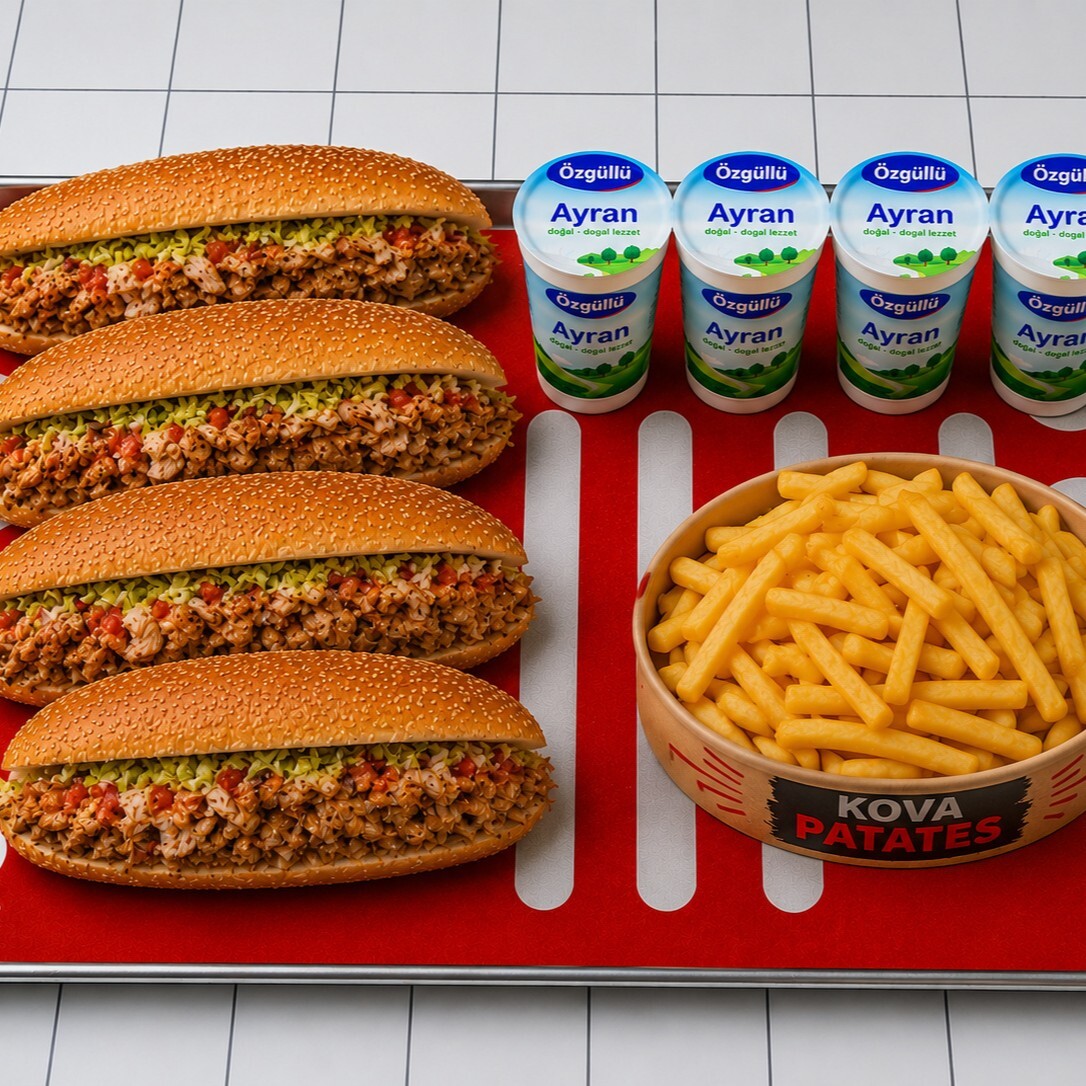 4'lü Ekmek Arası Tavuk Döner & 1 Kova Patates Kızartması & 4 Ayran