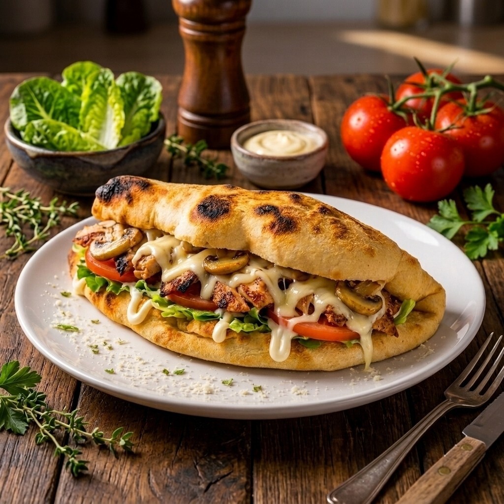 Pide Ekmek Arasına Mantarlı Kaşarlı Tavuk Döner