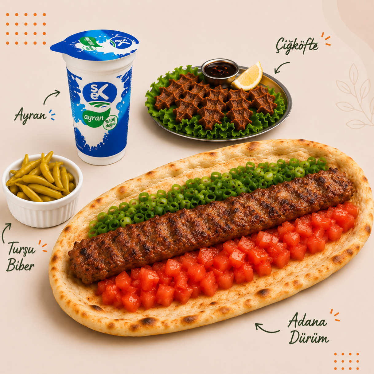 Adana Dürüm + Ayran + Çiğ Köfte + Turşu Biber