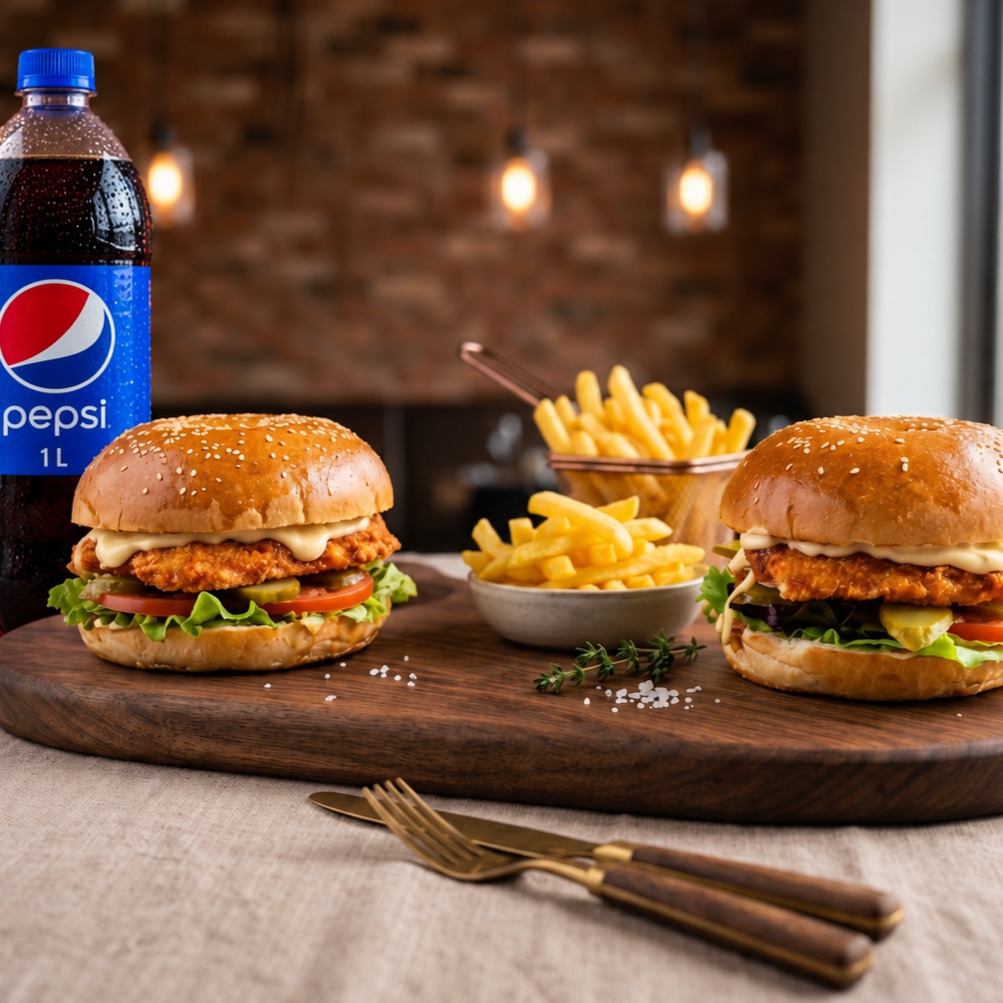 2'li Tavuk Burger + 2 Adet Patates + 1 lt Pepsi Kola