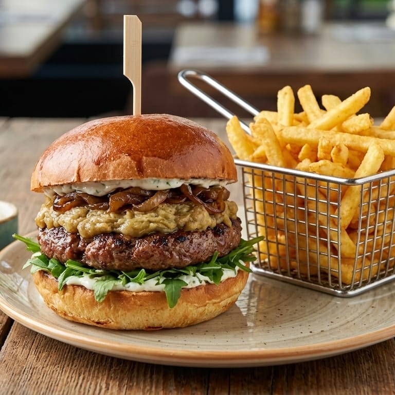 Köz Patlıcanlı Burger + Kızartma