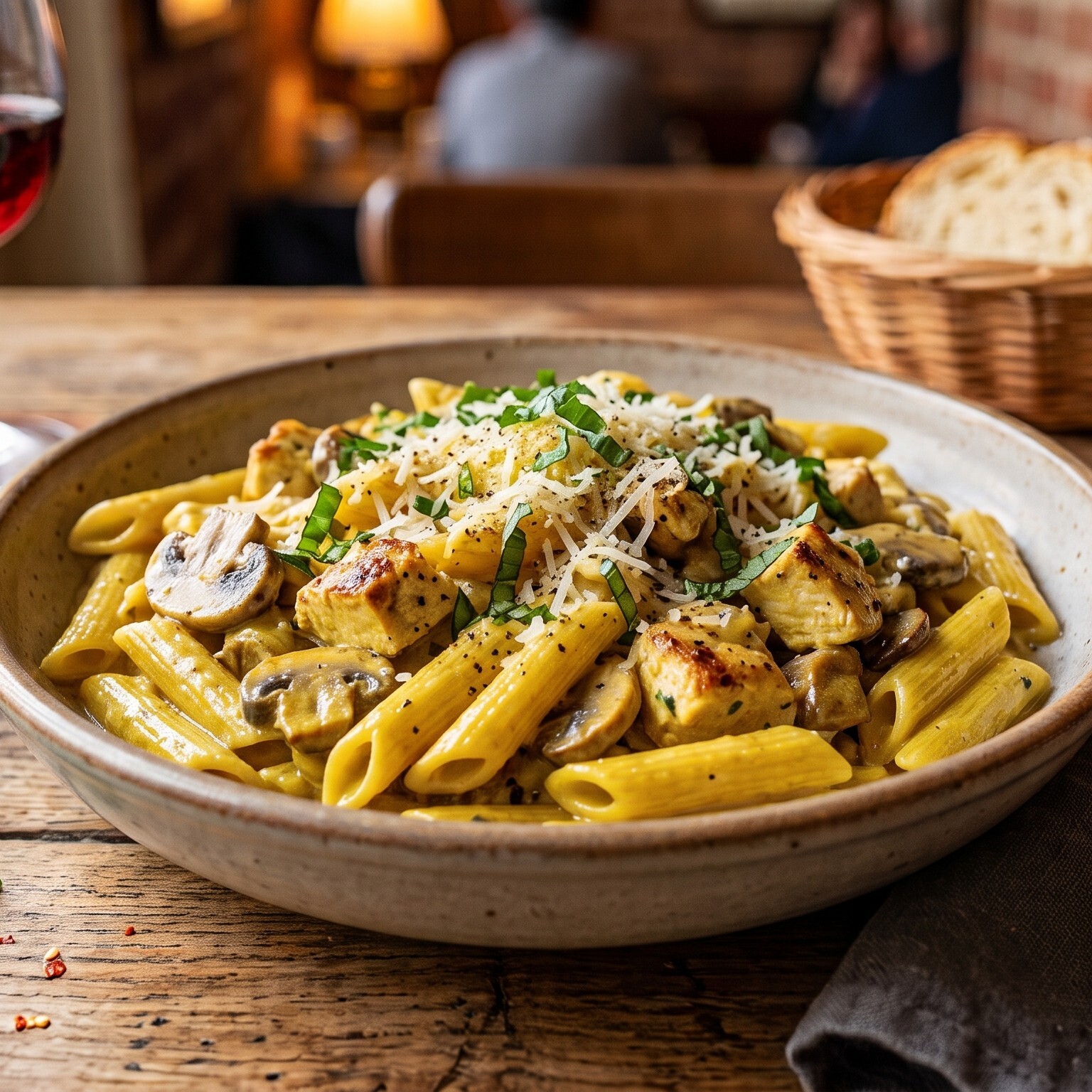 Köri Soslu Tavuklu Mantarlı Penne Makarna