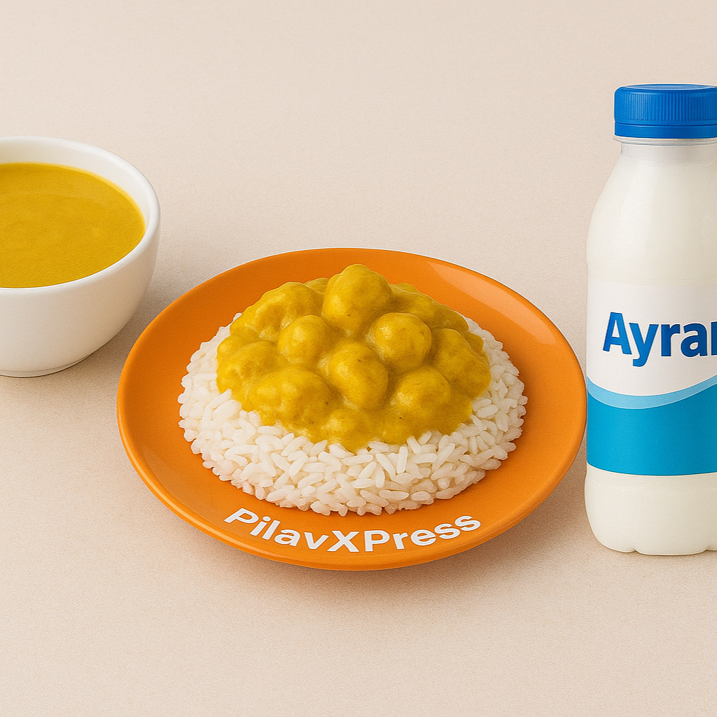 Pilav Üstü Kremalı Köri Soslu Tavuk + Mercimek Çorbası + Büyük Ayran