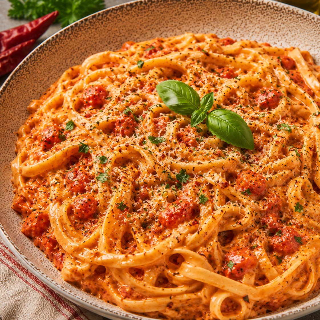 Arabiata Soslu Kremalı Fettuccine Makarna ( 1.5 porsiyon )