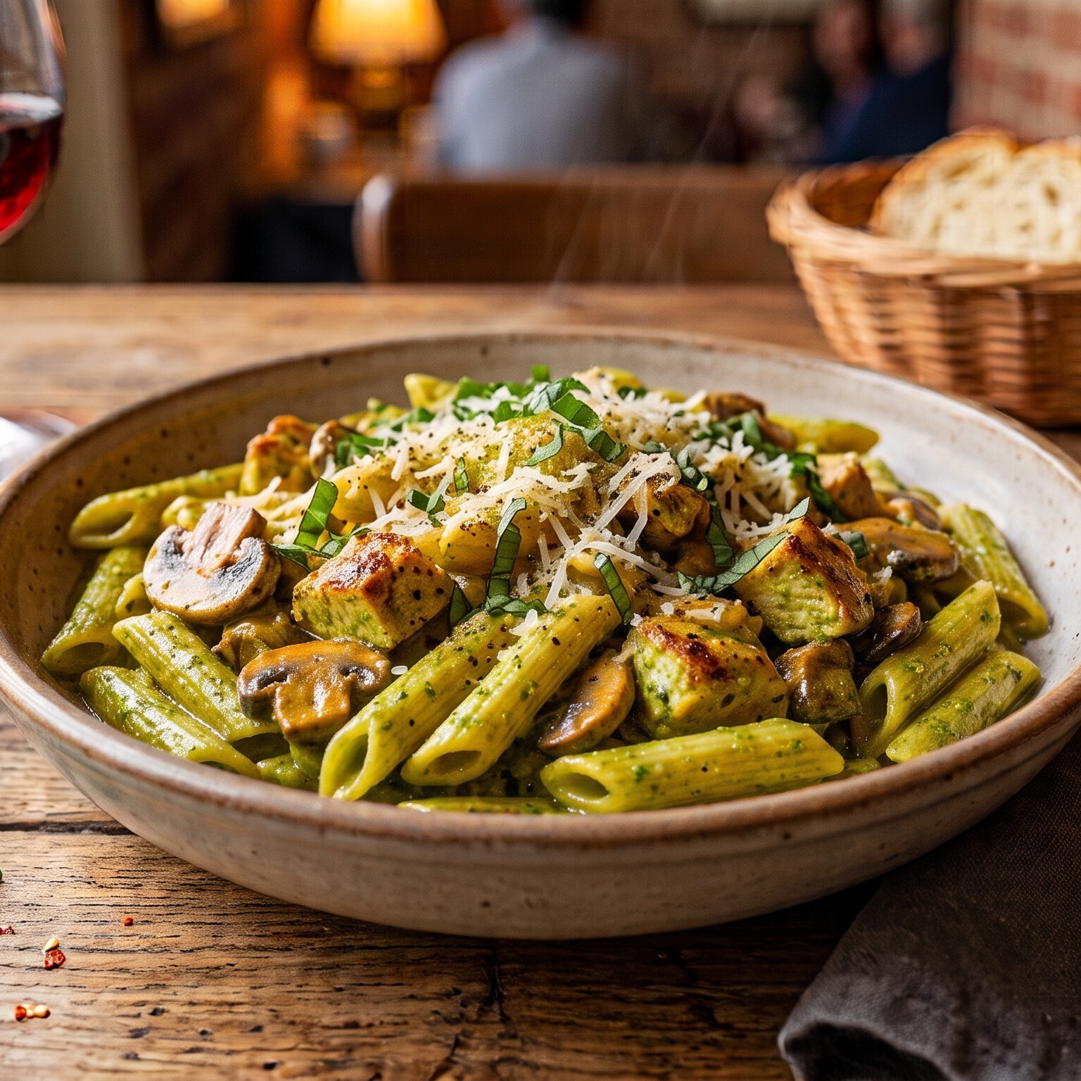 Pesto Soslu Tavuklu Mantarlı Penne Makarna